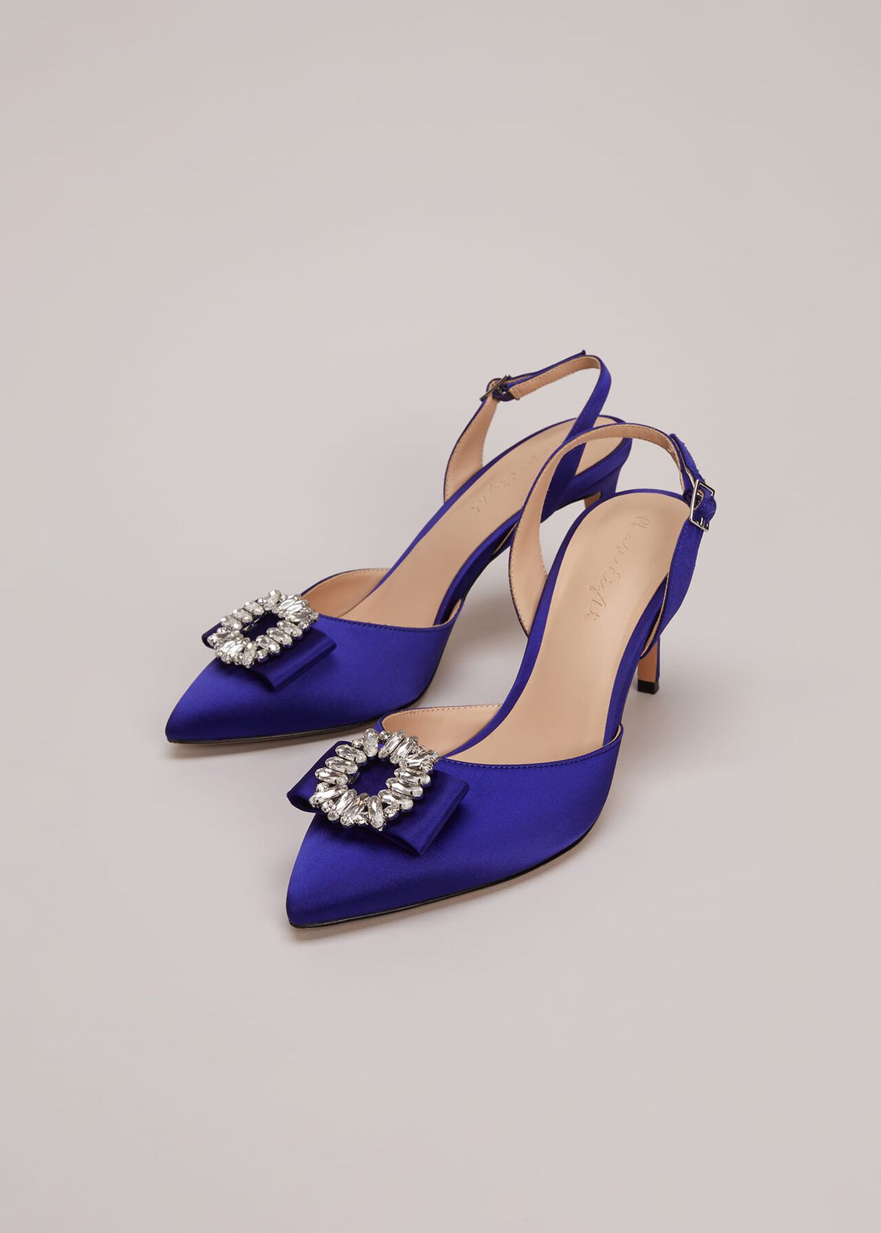 Blue Satin Embellished Slingback Heels