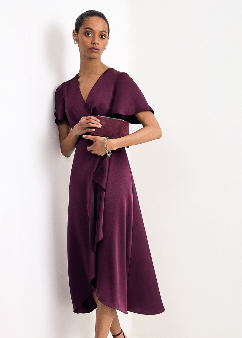 Phase Eight Julissa Satin Wrap Midi Dress in burgundy