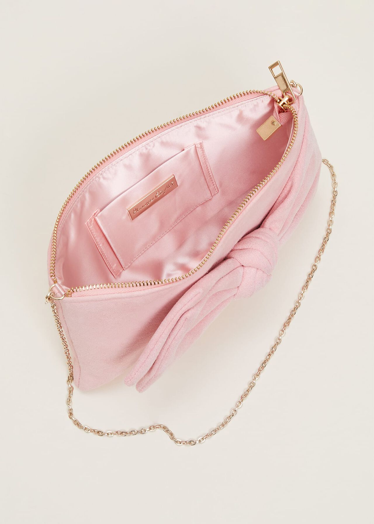 Pink Suede Bow Clutch Bag