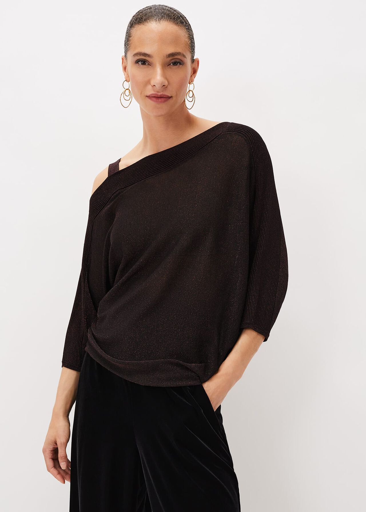 Aine Shimmer One Shoulder Knit Top | Phase Eight
