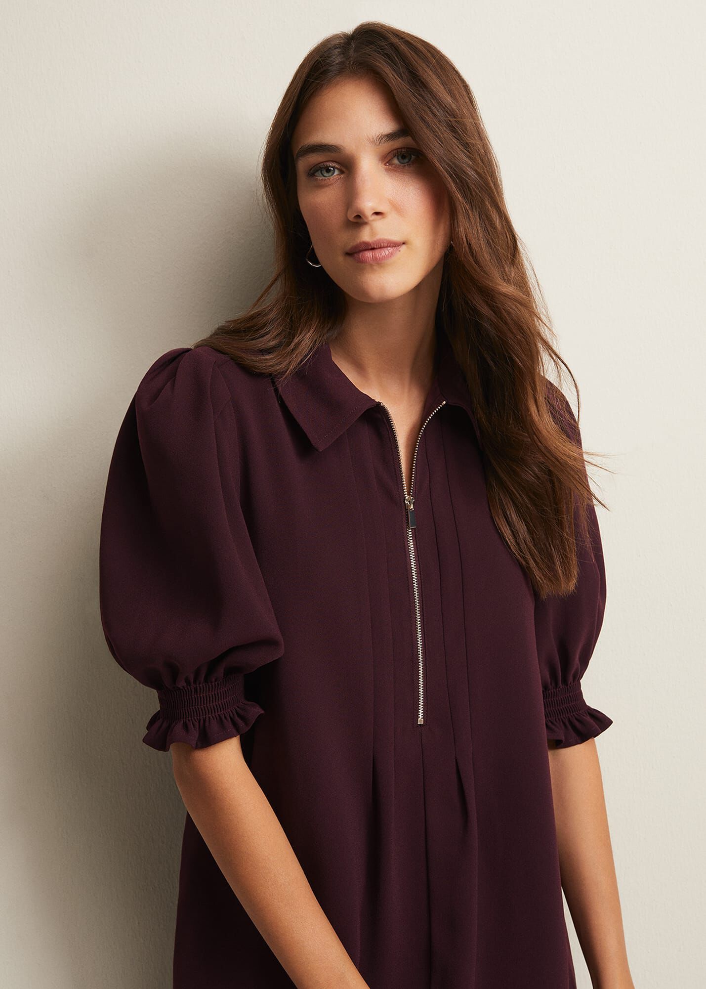 Burgundy Zip Up Mini Dress With Frill Sleeve Cuffs Phase Eight