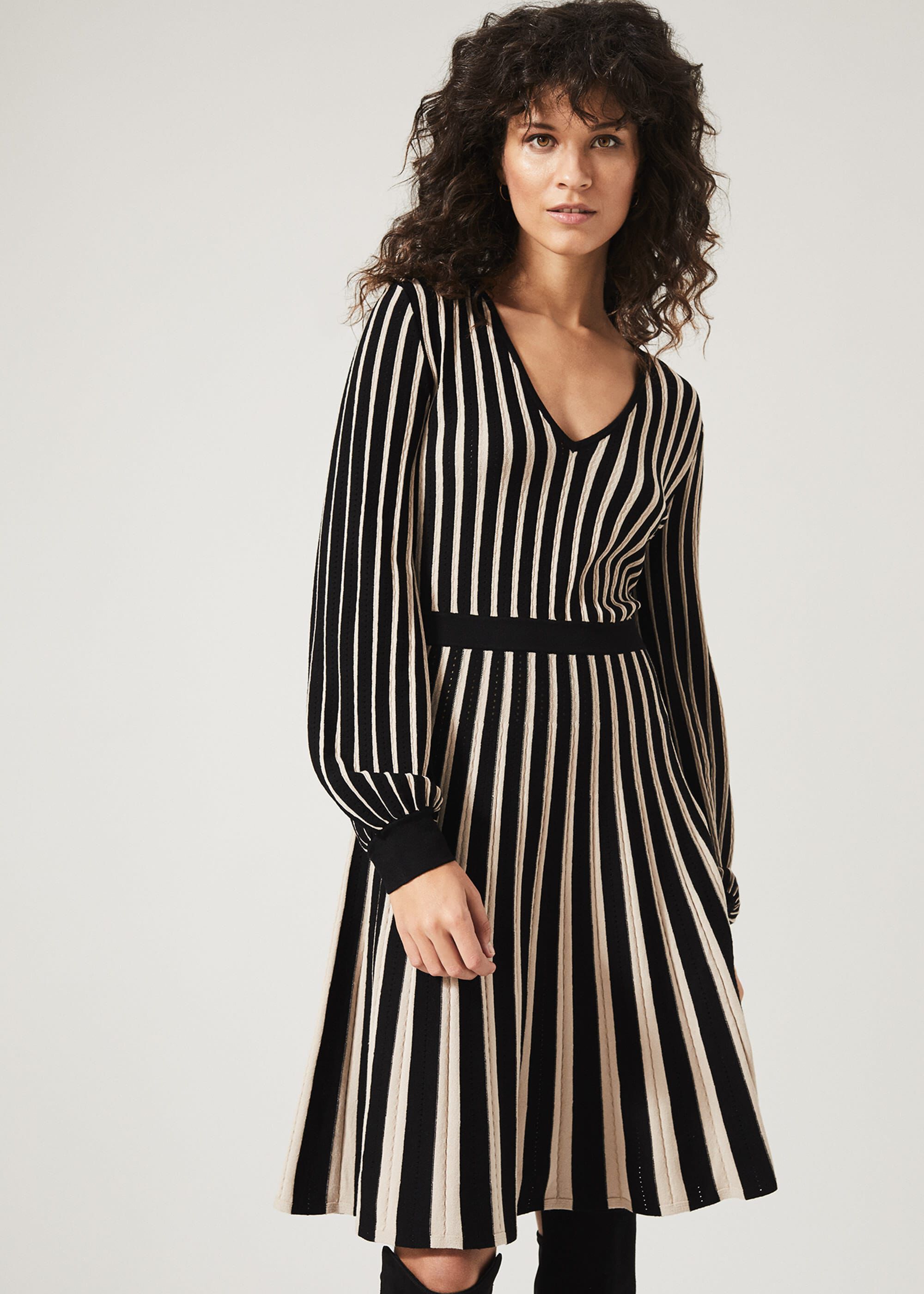 Black and white striped fit and flare dress cheap