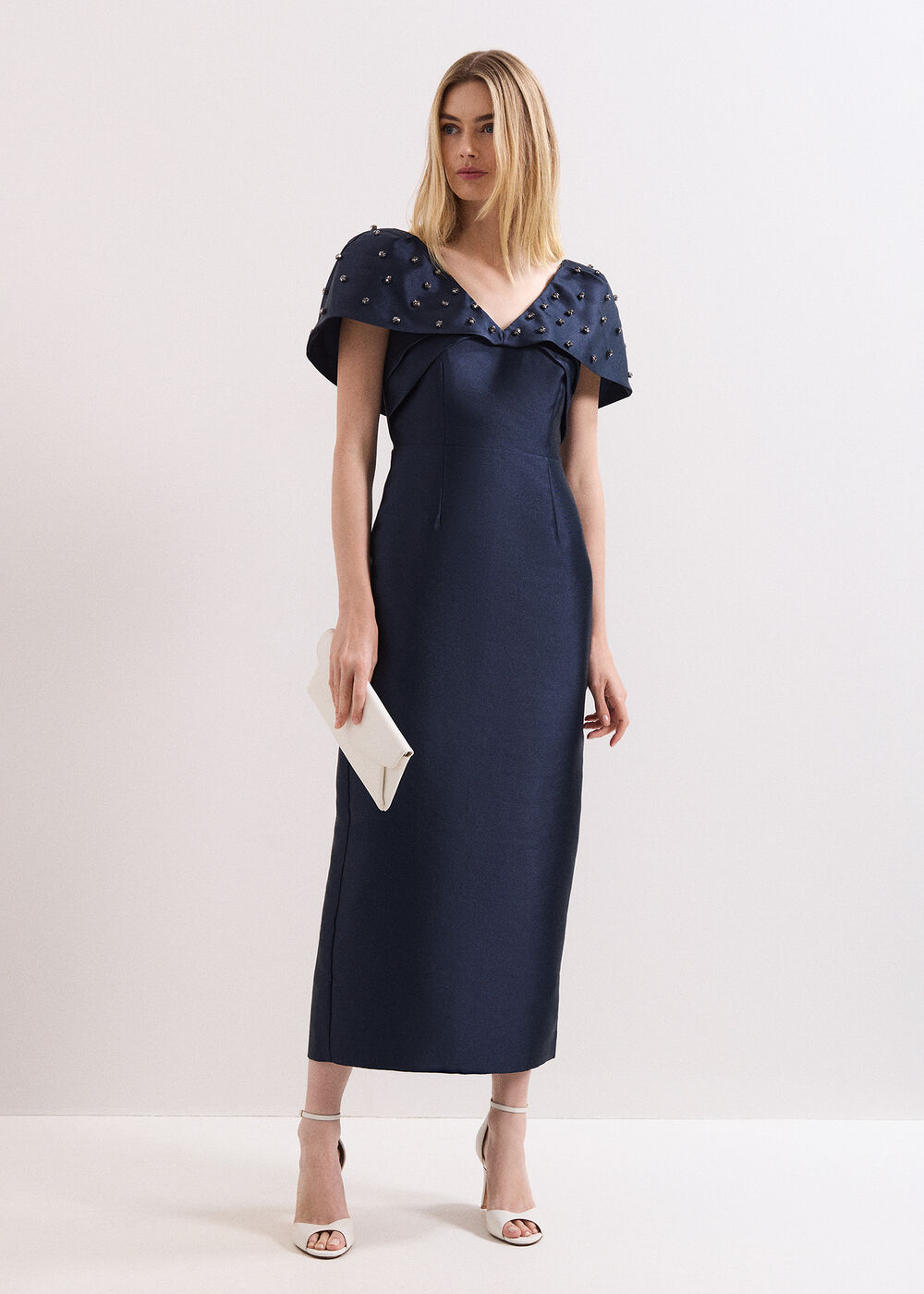 Erina Navy Satin Twill Midi Dress