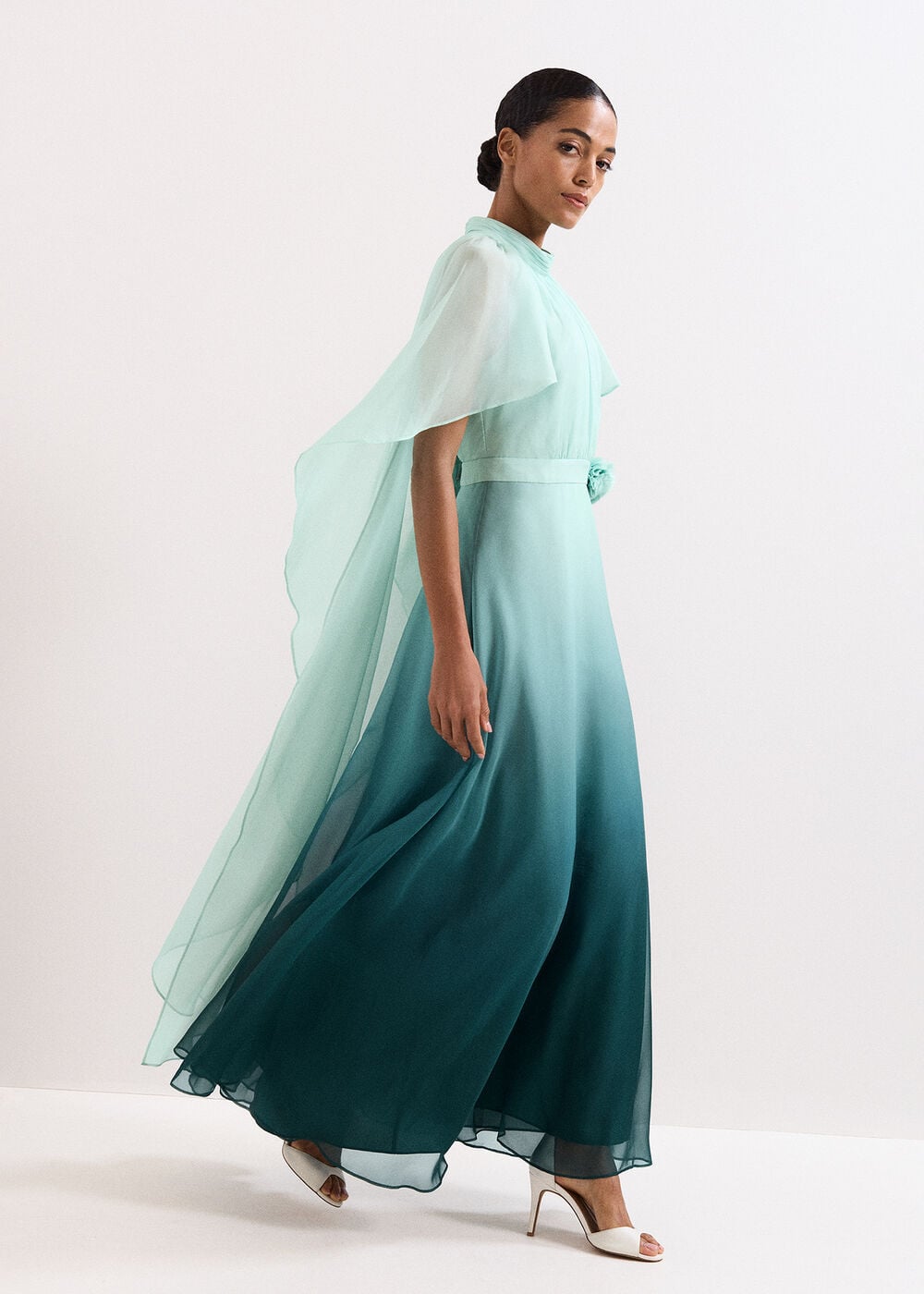 Petite Aspen Teal Ombre Cape Maxi Dress