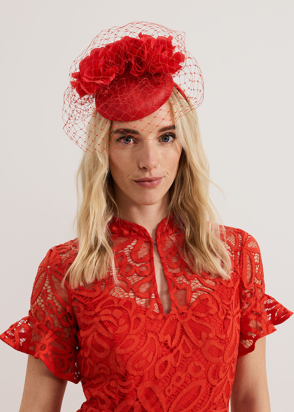 Red Flower And Veil Pillbox