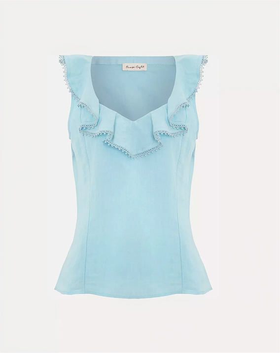 Rhona Blue Ruffle Linen Blouse
