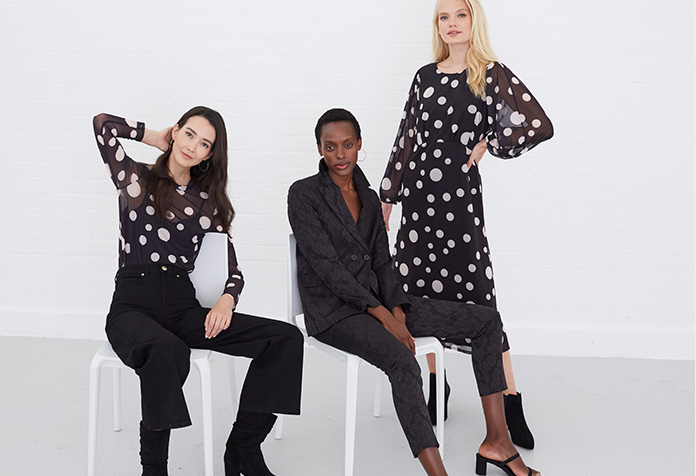 Vita Spot Mesh print Top £55 | Joanna Jacquard Suit Jacket £110 | Vita Mesh Print Dress £99