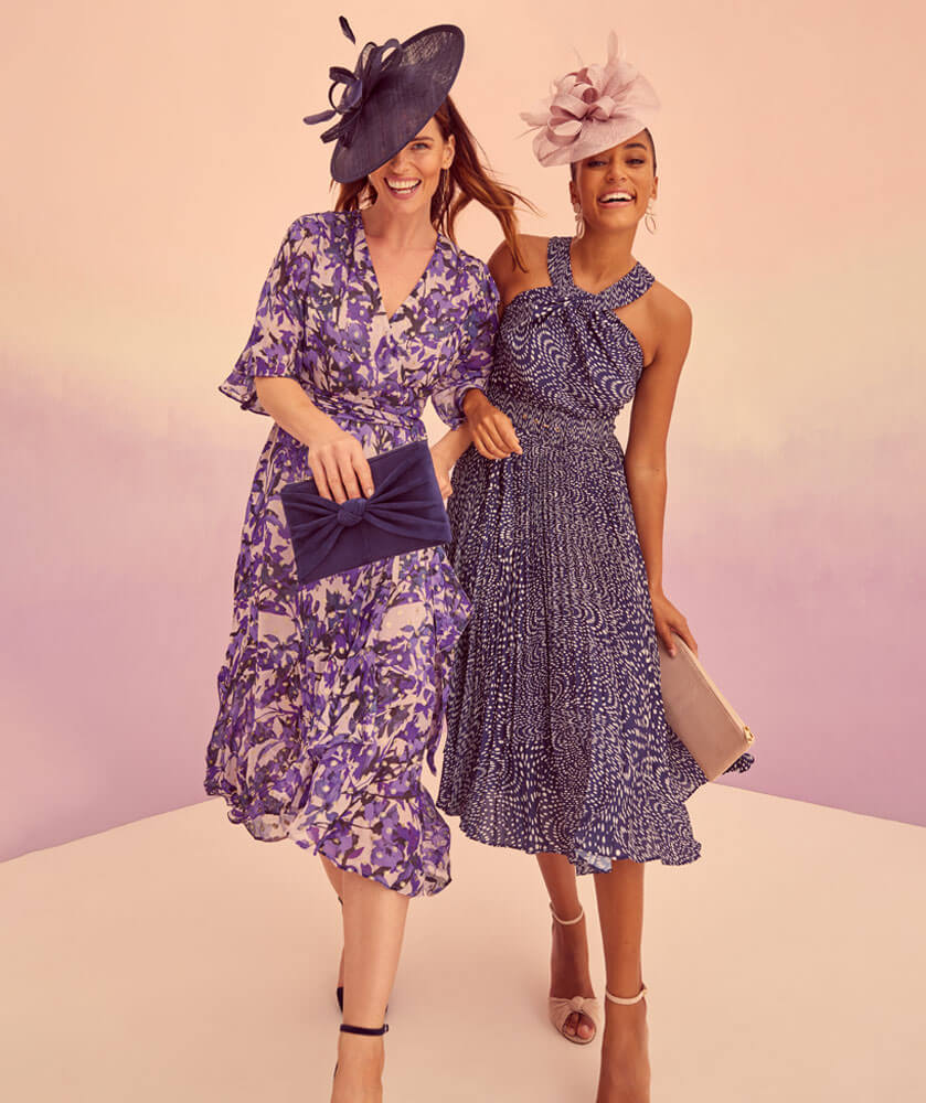 Purple Floral Midi Dress And Blue And White Spotted Midi Dress