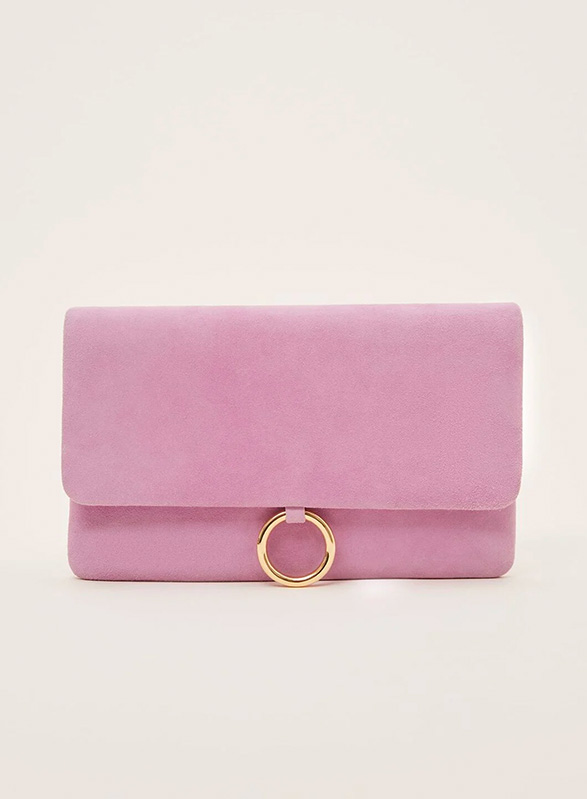 Pink suede clutch with gold ring 