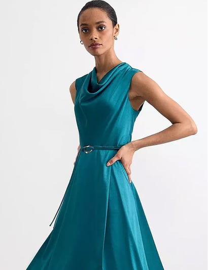 Hobbs Sabrianna satin cowl neck midi dress.