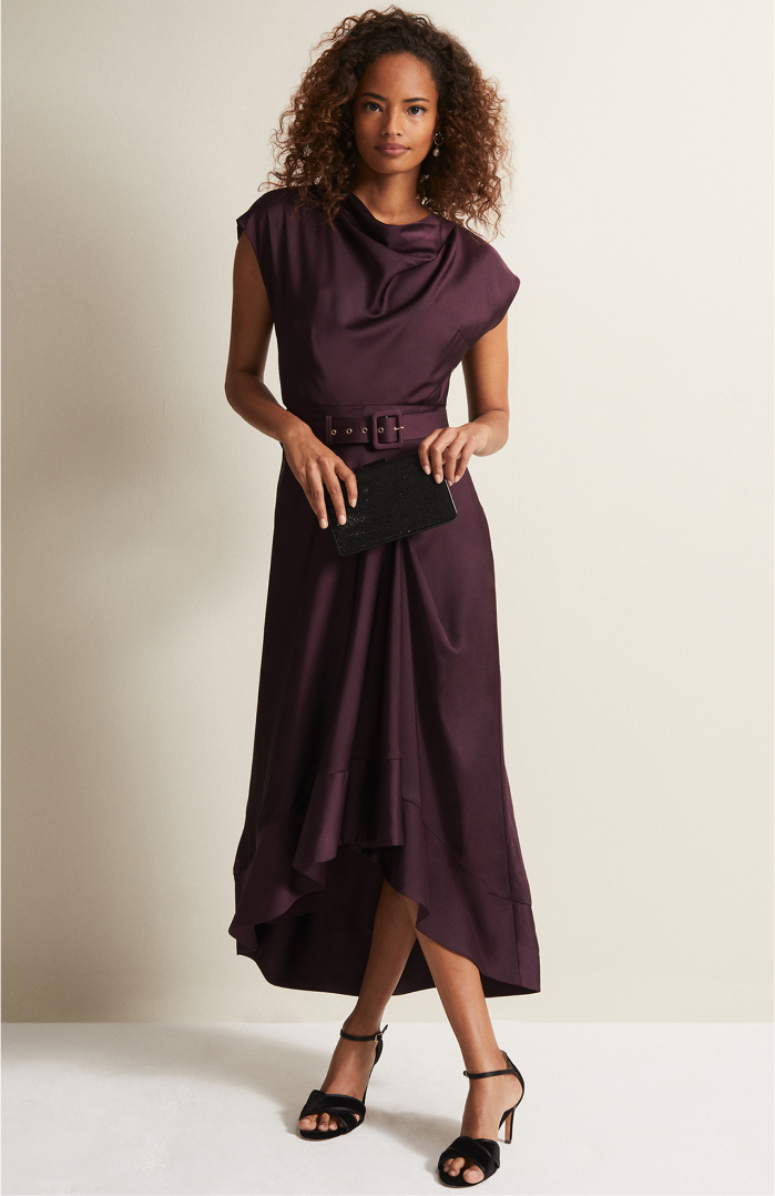 Woman wearing Phase Eight Sabrianna Burgandy Satin Midi Dress