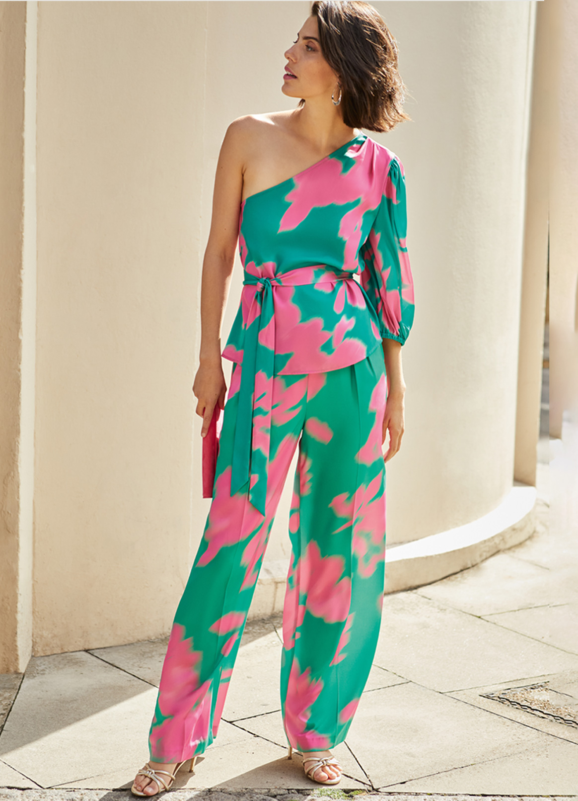Woman in a blue and pink co-ord