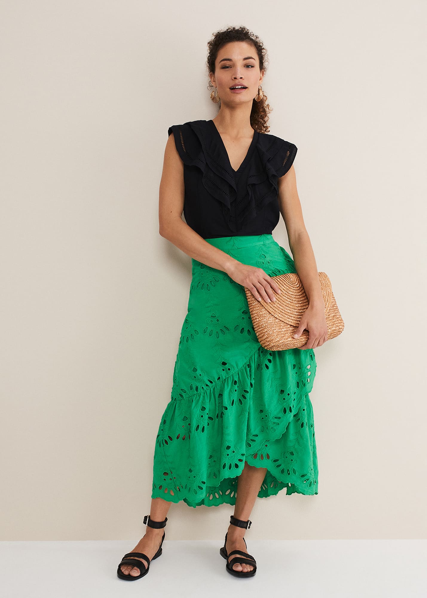 Phase Eight Women's Green Broderie Wrap Maxi Skirt