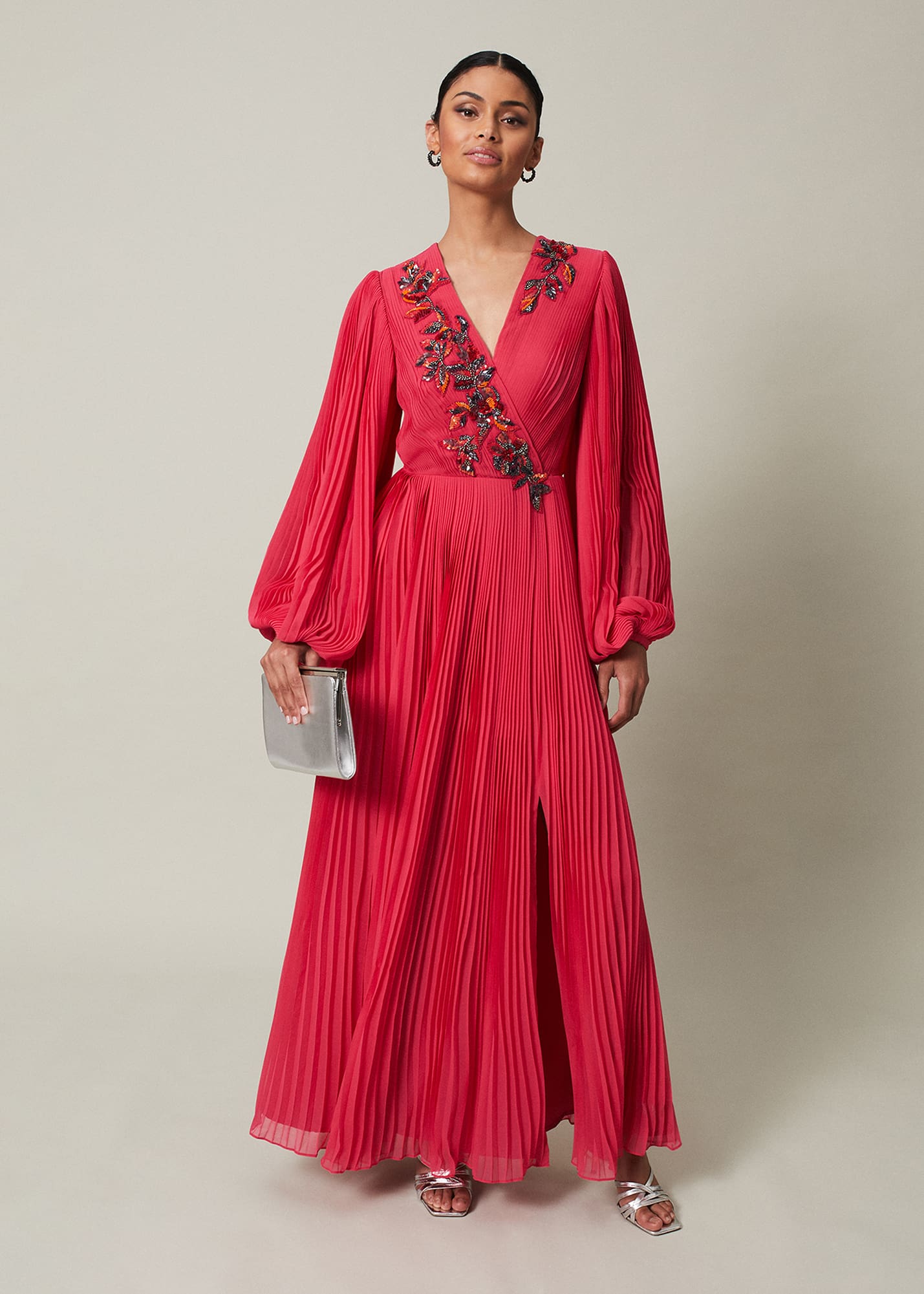 Alexon Pleated Wrap Over Maxi Dress in Green Pink Royal Blue